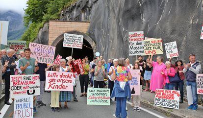 Residents of the Austrian town of Hallstatt, a UNESCO World Heritage Site, protest against overtourism in August 2023.