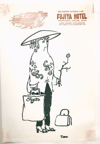 A sketch that the artist made during her travels, on a postcard from the Fujiya Hotel in Hakone, Japan. 