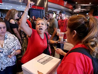 Culinary Union members, including Veronica Flores Serrano, who works at The Linq, cast their ballots during a strike vote, Tuesday, Sept. 26, 2023, at Thomas & Mack Center on the UNLV campus in Las Vegas.