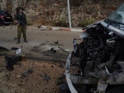 Military officer Shalev Hatan, at the site in Shtula where a missile fired by Hezbollah hit and killed an Israeli construction worker on Sunday.