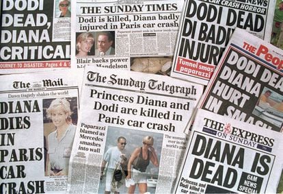 British newspapers announcing the deaths of the Princess of Wales and Dodi Fayed.