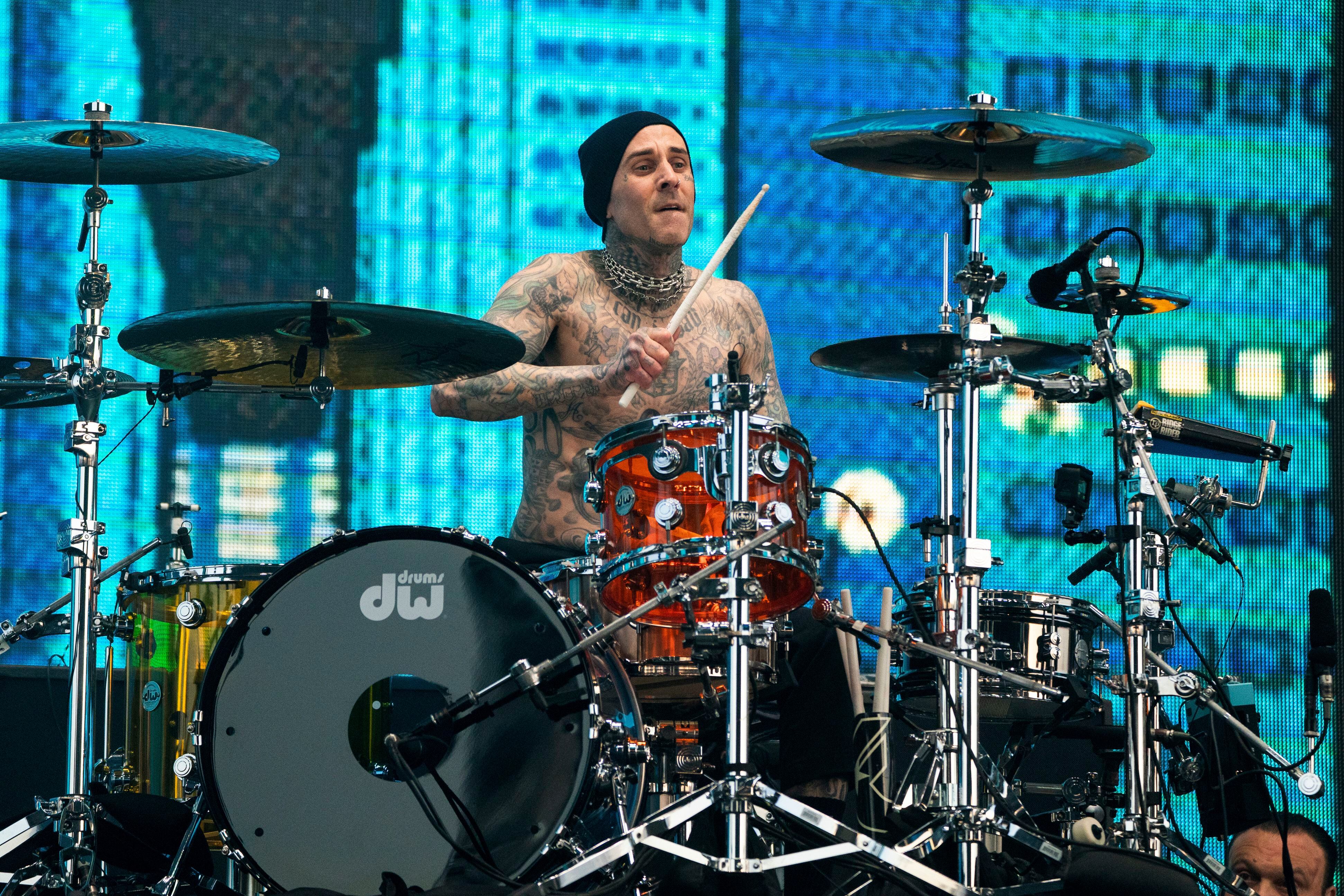 Travis Barker, the drummer for Blink-182, at day one of  Coachella.