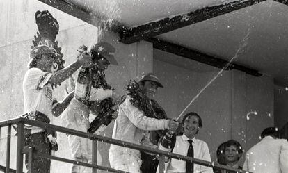 In this picture of the celebrations, a 13-year-old Prince Felipe – now King Felipe VI – can be seen on the right observing the traditional spraying of the champagne.