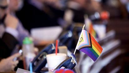 A flag supporting LGBTQ+ rights decorates a desk on the Democratic side of the Kansas House of Representatives during a debate, March 28, 2023, at the Statehouse in Topeka, Kan.