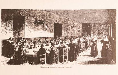Print of mentally ill female patients having lunch in the Leganés asylum, 1872.