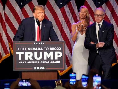 Republican presidential candidate Donald Trump speaks at a caucus night rally in Las Vegas, Thursday, Feb. 8, 2024.