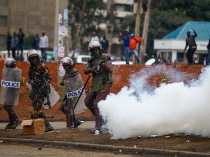 Riot police fire tear gas grenades at demonstrators during protests in the capital Nairobi, Kenya on July 7, 2023.