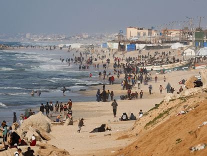 Hundreds of Palestinians wait on a Gaza beach in the hope of receiving aid dropped from the air.
