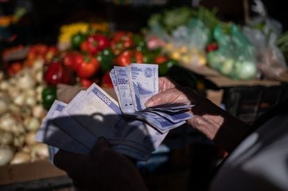 A woman counts a stack of banknotes for shopping in a Caracas market.