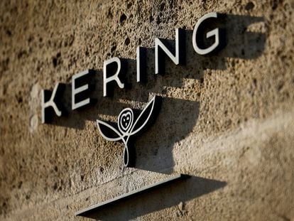 The logo of French luxury group Kering is seen at Kering headquarters in Paris, France, February 13, 2023.