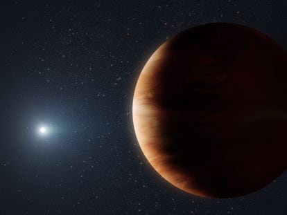 An artist's rendition of a gaseous planet near a white dwarf.