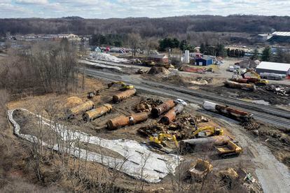Cleanup continues at the site of a Norfolk Southern freight train derailment that happened on Feb. 3, in East Palestine, Ohio.