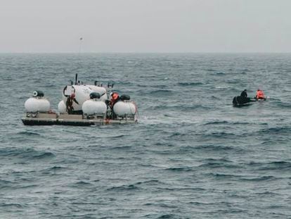 In this image released by Action Aviation, the submersible Titan is prepared for a dive into a remote area of the Atlantic Ocean on an expedition to the Titanic on June 18, 2023.