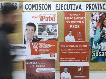 Posters supporting all three candidates to head the PSOE.