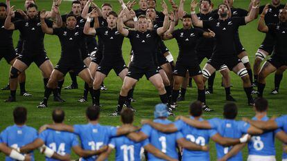 The New Zealand All Blacks prepare for a World Cup Rugby match against Uruguay; October 5, 2023.