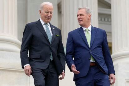 U.S. President Joe Biden and House Speaker Kevin McCarthy, on the steps of the Capitol in March.