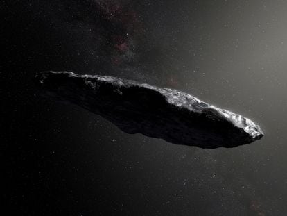 This artist’s impression shows the first interstellar asteroid, `Oumuamua as it passes through the solar system after its discovery in October 2017.