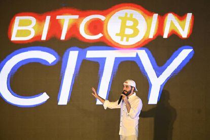 The president of El Salvador, Nayib Bukele, at the Latin Bitcoin Conference in February 2022.