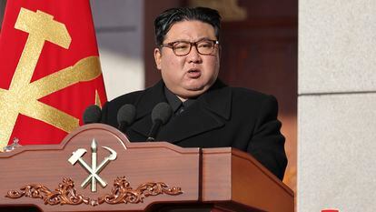 In this photo provided by the North Korean government, its leader Kim Jong-un speaks during an event for the 76th founding anniversary of the country's army at the defense ministry in North Korea, Thursday, Feb. 8, 2024.