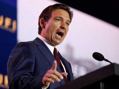 Republican presidential candidate, Florida Governor Ron DeSantis, delivers remarks at the annual Christians United for Israel Summit (CUFI), at the Crystal Gateway Marriott in Arlington, Virginia, U.S., July 17, 2023.