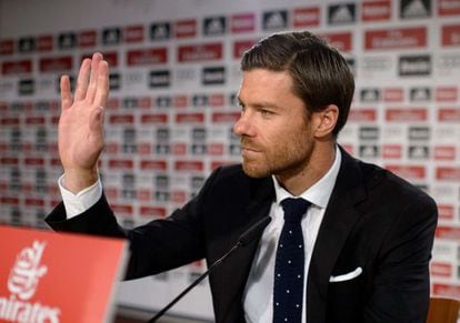 Xabi Alonso during his press conference at the Bernabéu on Friday.