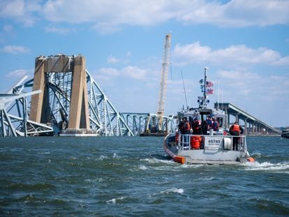 A Coast Guard boat carries senior officers to assess the Francis Scott Key Bridge collapse, in Baltimore, Maryland, U.S., on March 29, 2024.