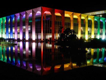 Brazil’s Ministry of Foreign Affairs lights up its building to celebrate International LGBTQ+ Pride Day; June 28, 2023.