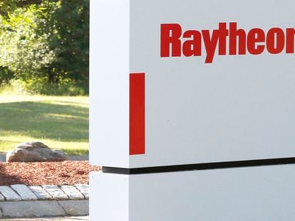 A sign stands at the road leading to the Raytheon facility in Marlborough, Mass., on June 10, 2019. China on Thursday, Feb. 16, 2023.