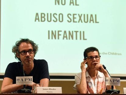 Pianist James Rhodes and Vicki Bernadet appear at a press conference against child abuse.