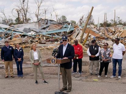 President Joe Biden speaks after surveying the damage in Rolling Fork, Mississippi, March 31, 2023, after a deadly tornado and severe storm moved through the area.