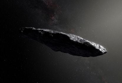This artist’s impression shows the first interstellar asteroid, `Oumuamua as it passes through the solar system after its discovery in October 2017.