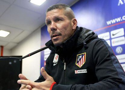 Atl&eacute;tico de Madrid coach Diego Simeone during Tuesday&#039;s pre-derby press conference. 