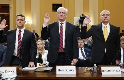 The key witnesses of the fifth day of hearings on the attack on Capitol Hill: from left, Steven Engel, Jeffrey Rosen and Richard Donoghue, all members of the Department of Justice, active during the months between the November 2020 elections and January 6.