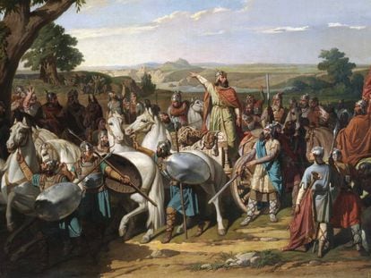 'King Rodrigo haranguing his troops on the eve of the Battle of Guadalete' by Bernardo Blanco.