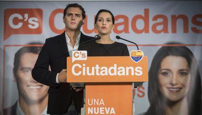 Party leaders Albert Rivera and Inés Arrimadas, in Barcelona on Sunday.