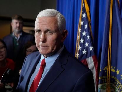 Former Vice President Mike Pence faces reporters after making remarks at a GOP fundraising dinner, March 16, 2023, in Keene, N.H.