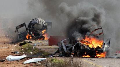 Vehicles burn in the village of Ghayar, Lebanon, on Wednesday, when the incident between Israeli forces and Hezbollah occurred.