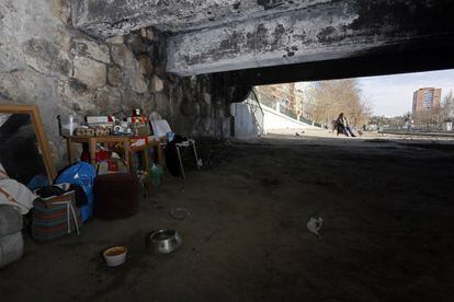 Underneath the Reina bridge where Raquel, who can be seen in the background, used to live.