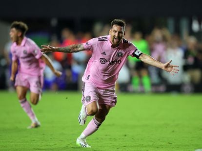 Lionel Messi celebrates after scoring his first goal with Inter Miami, in Fort Lauderdale, Florida, on Friday, July 21, 2023.