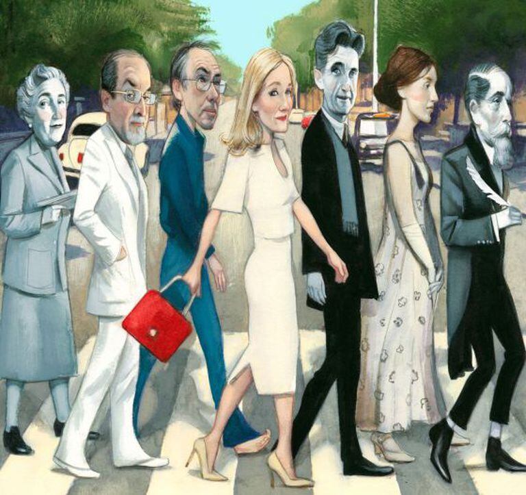 Left to right: Agatha Christie, Salman Rushdie, Ian McEwan, J.K. Rowling, George Orwell, Virginia Woolf and Charles Dickens.
