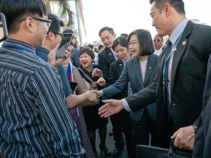 Taiwanese President Tsai Ing-wen arrives at Philip S. W. Goldson International Airport, Belize City, Belize in this handout picture released April 3, 2023.