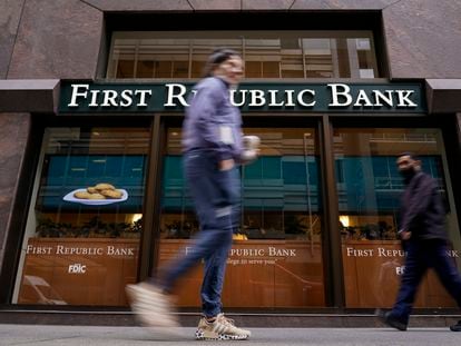 Pedestrians walk past the headquarters of First Republic Bank in San Francisco, Monday, May 1, 2023.