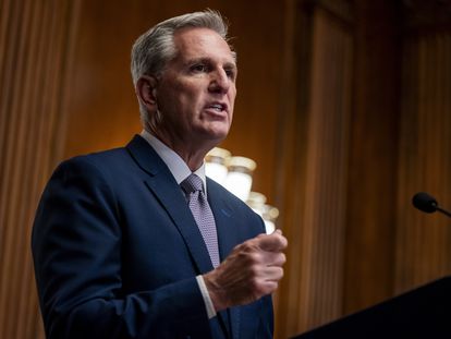 Former Speaker of the House Kevin McCarthy responds to a question following his remarks on the attack on Israel by Hamas at a press conference in the US Capitol in Washington, DC, USA, October 09, 2023.