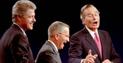 One of the lighter moments in the 1992 US presidential debates. From left, Bill Clinton, Ross Perot and George H. W. Bush.