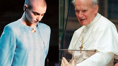 Irish singer Sinead O’Connor stands alone while the crowd boos her at Bob Dylan’s 30th anniversary celebration in New York on Oct. 16, 1992, 13 days after she ripped a photo of Pope John Paul II (left) during an appearance on "Saturday Night Live".