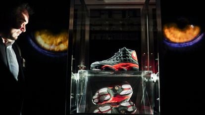 Michael Jordan's game worn sneakers from the 1998 NBA finals are displayed at Sotheby's, Wednesday April 5, 2023, in New York.