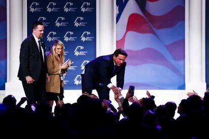 Florida Governor Ron DeSantis greets supporters during the annual meeting of the Republican Jewish Coalition.