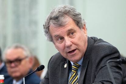 Senator Sherrod Brown testifies before a Senate Commerce, Science, and Transportation Committee hearing in Washington, on March 22, 2023.