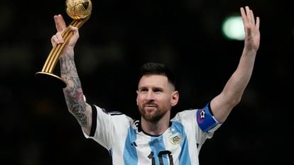 Argentina's Lionel Messi waves after receiving the Golden Ball award for best player of the tournament at the end of the World Cup in Lusail, Qatar, Sunday, Dec. 18, 2022.