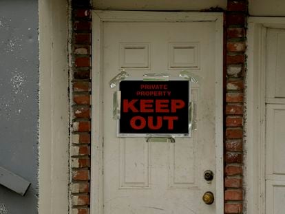A keep out sign is posted on a home, Wednesday, April 19, 2023, near the house where 84-year-old Andrew Lester shot 16-year-old Ralph Yarl a week earlier in Kansas City, Mo.